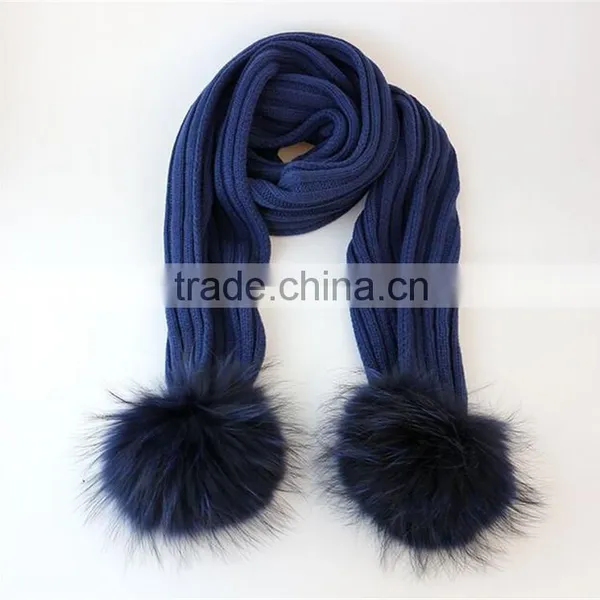 Popular Warm Crochet Scarf Real Raccoon Fur Pom Pom Knitted Scarf Shawl