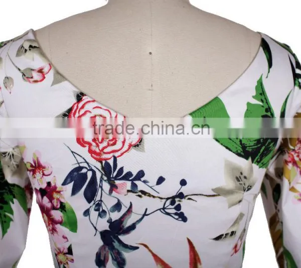 New Midi Half Sleeve Boat Neckline Peony Printed Cotton Flared Vintage Dress 50s photo-5