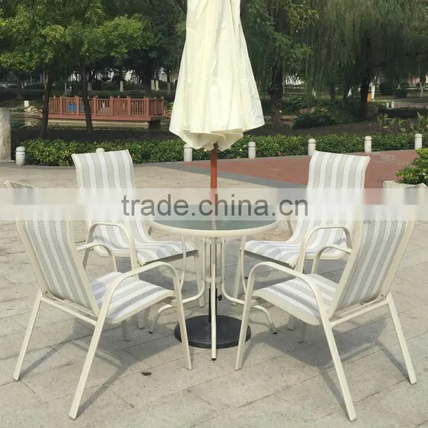 All Weather Proof Coffee Brown 5 Piece Outdoor Garden Balcony Aluminum Sling Patio Furniture Round Glass Dining Table Chair Set photo-5
