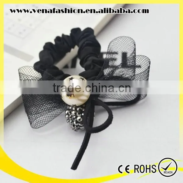 Gauze Jeweled Rhinestone Bow Pearl Handmade Felt Hair Band photo-3