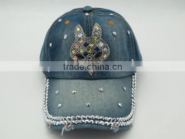 Distressed Denim Baseball Cap With Diamond photo-2