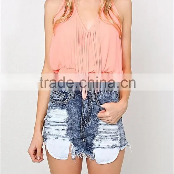 Summer Women Latest Fashion Pink V-neck Woven Top- SYK15263