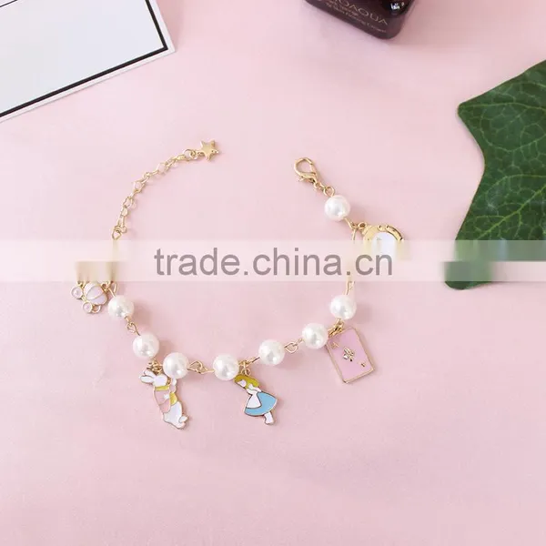 Enamel Rabbit Pumpkin Carriage the Playing Cards Clock Charms Bracelet Pearl Linked Bracelet With Assorted Charms photo-5