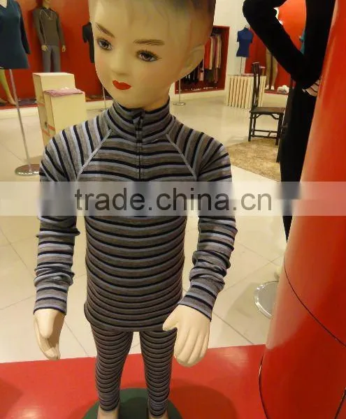 100%Merino Wool Kids Thermal Underwear Stripe Zip Long Johns for 4-12years Old photo-2