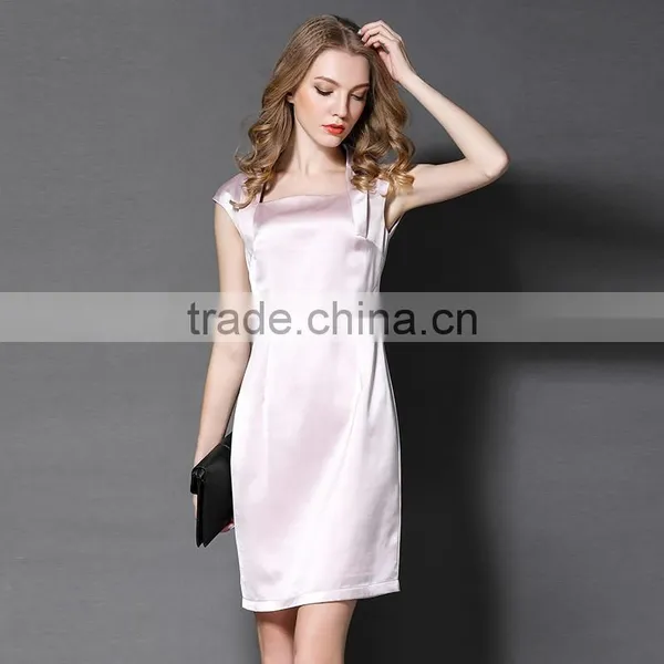 Maxnegio Notch Lapel Pink Color Cap Sleeve Office Dress photo-6