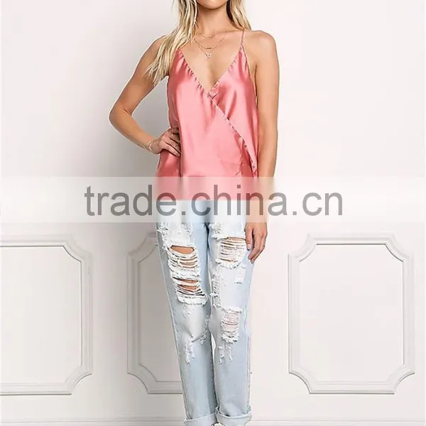 MGOO Foshan Factory Made Pink Satin Cami Sleeveless Strap Girls V Neck Summer Tops Women Blouses photo-3