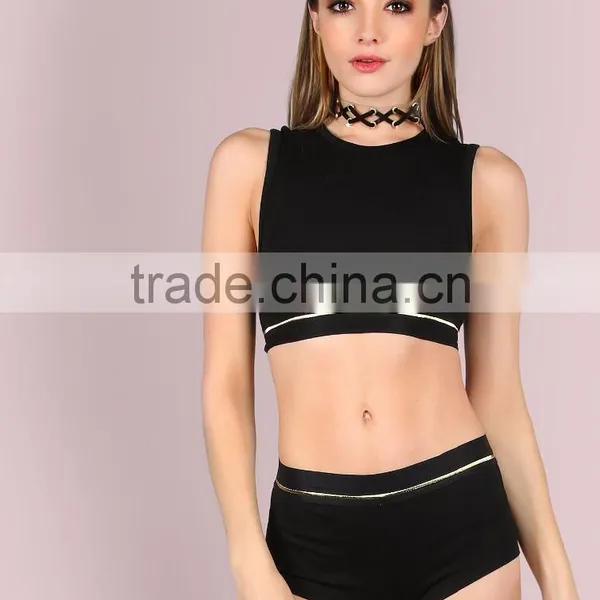 Metallic Trim Back Cut Hole Crop Tank & Body Shorts Set Black 100 Cotton Scoop Neck Sportswear Crop Tops With Pants Custom photo-6