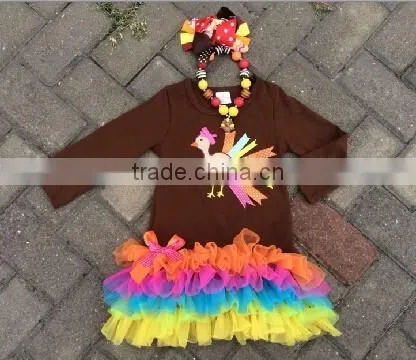 2014 New Baby Girls Thanks Giving Turkey Dress Pant Set With Matching Bow and Necklace Set photo-2