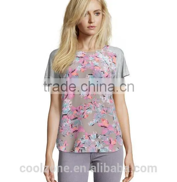2015 Fashion Short Sleeve Tropical Flower Print Top Wholesale Custom T-shirt photo-2