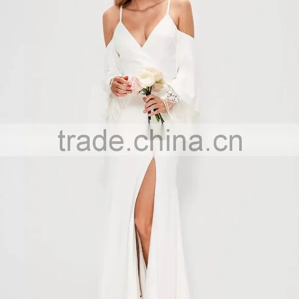 SIMPLE STYLE Women Lace Split Hem and Deep V-neck Maxi Prom Derss photo-2