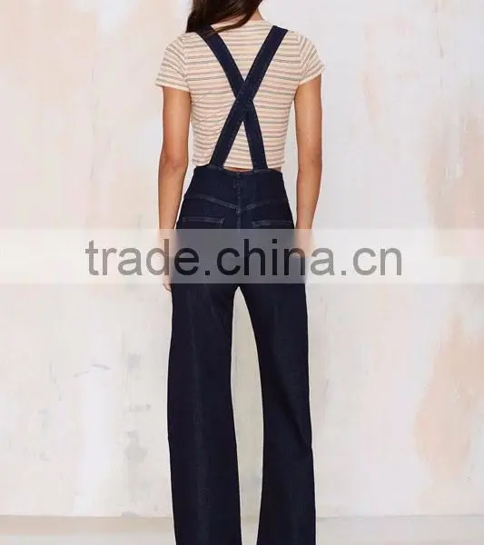 Dark Blue Zip Front, Adjustable Straps, Flared Legs, And Criss Cross Back Denim Overalls photo-4