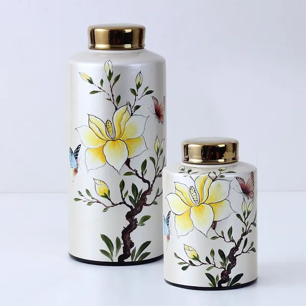 Chinese New Style Entery Luxury Yellow Butterfly And Flower Painting Ceramic Vases With Lid For Home Decoration photo-3