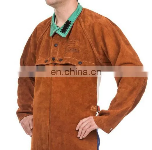 Yellow Split Cow Leather Welding Cape Sleeves With Detachable Leather Bib Welding Apron photo-2