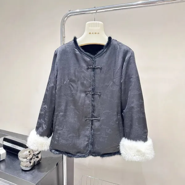 A New Chinese-style Traditional Chinese Coat and Fur One-piece Women's Autumn and Winter Rabbit Fur Dress With a Round Neck photo-2