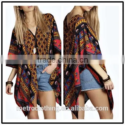 2015 China Manufacturer Customized Ladies Floral Button Printed Top