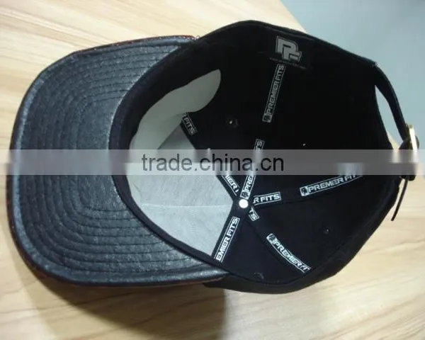 Acrylic Crown and Alligator Leather Brim Metal Logo Strapback Snapback Cap 6 Panel Baseball Cap photo-3