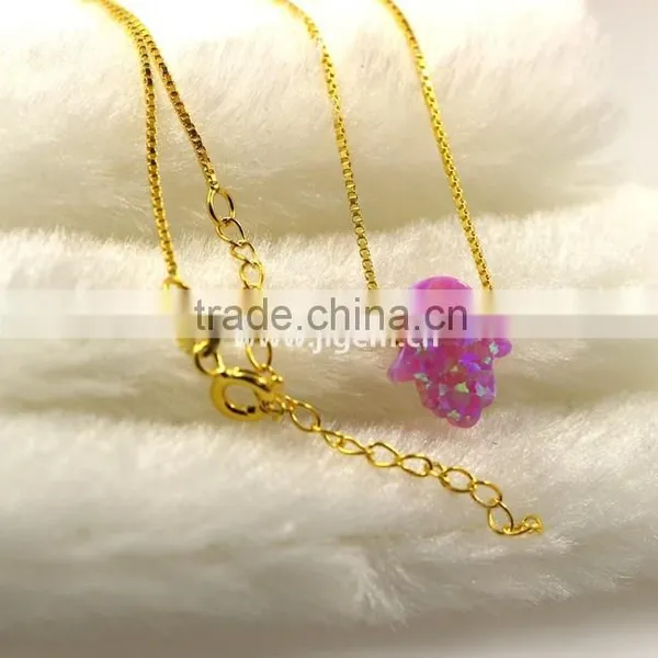 Synthetic 8*10mm Bubble Gum Opal Hamsa Shape 18K Plated Chain 925 Sterling Silver Necklace photo-5