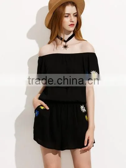 Bodysuits Latest Fashion Design Women Clothing Black Pocket Embroidered Flower Off The Shoulder Jumpsuit