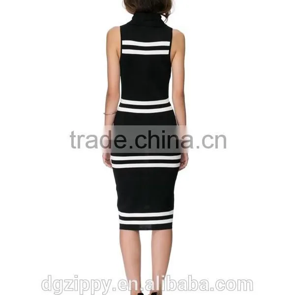2015 Black and White Stripes Midi Dress Ribbed Neck Line Fashion Woman Dress photo-4