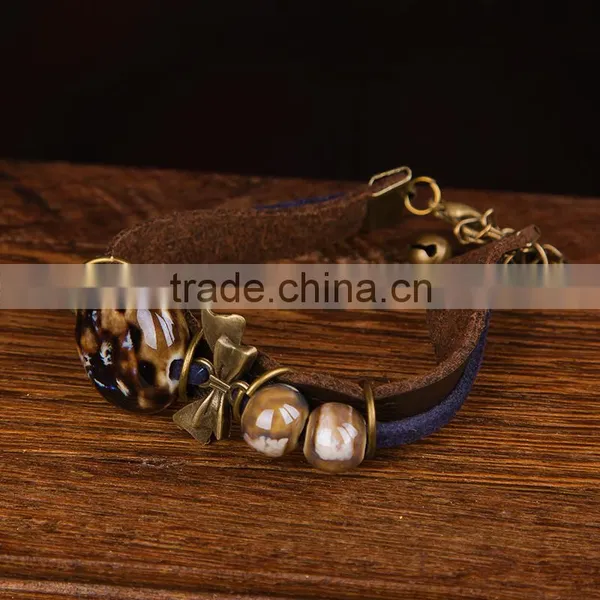 Jingdezhen Made Handmade Leather Bracelet Ceramic Beads Bracelet for Sales Supplier's Choice photo-2