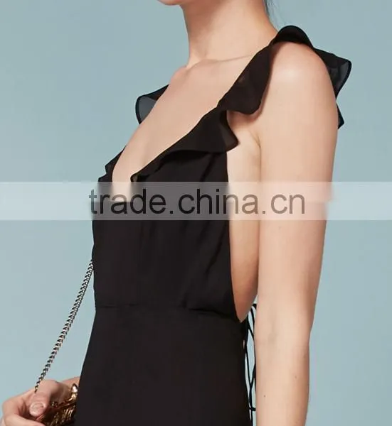 Plain Black Sexy Deep v Lace Short Sleeve Backless Evening Dress photo-3