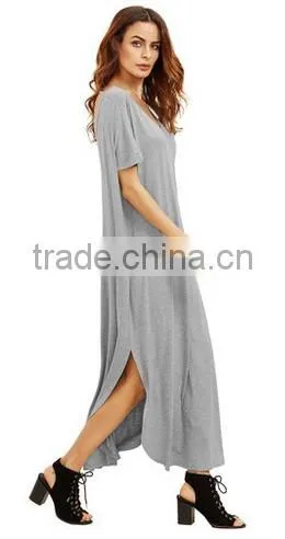Women's Casual Loose Pocket Short Sleeve Split Long Maxi Dress photo-4