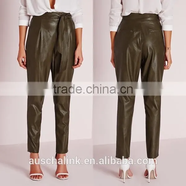 New Arrival Khaki Tie Waist Faux Leather Pants Women photo-6