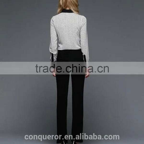 Office Lady Fashion Design Contrast Collar Cuff Striped Shirt photo-3