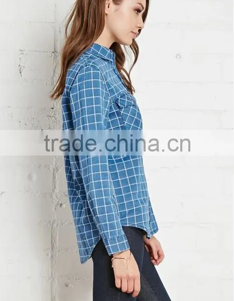 2015 Custom Women's Blue Plaid Long Sleeve 100% Cotton Flannel Shirt photo-3