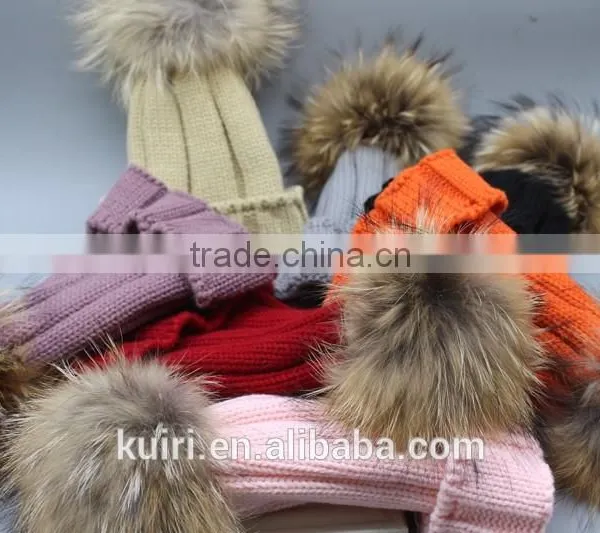 Winter Kids Fur Pom Pom Hats Baby Knitted Beanie 100% Real Raccoon Fur Cap For Boy Girl photo-2