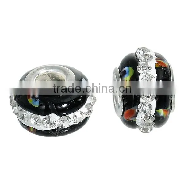 Lampwork Glass European Style Large Hole Charm Beads Round Silver Plated Core Black Clear Rhinestone photo-3