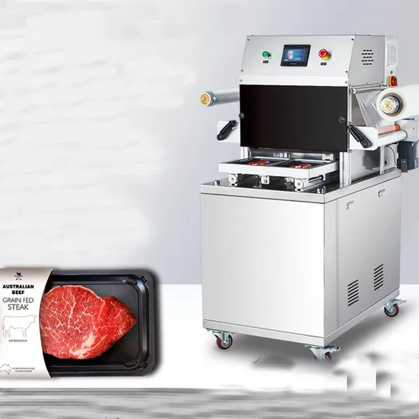 MO-QDMECH Vakuum-Skin-Verpackungsmaschine BZ027 Automatisch mit 440 mm Folienabschneidefunktion, PLC-Steuerung, geeignet für die Verpackung von frischem Fleisch und Meeresfrüchten zur Verlängerung der Haltbarkeit