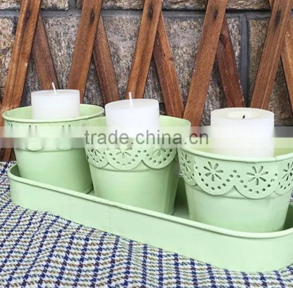 3 in 1 Country Style Home Decor Metal Pot With Tray for Artificial Flower photo-3