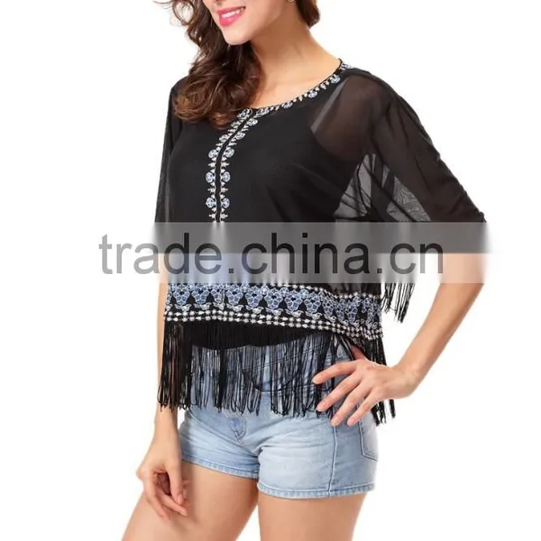 New Fashion Short Sleeve Embroidery Tassel Women Top photo-3