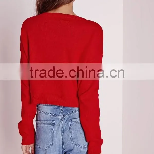 Custom Design Women Merry Christmas Crew Neck Cropped Jumper Red Knitwear Sweater Pullover photo-2
