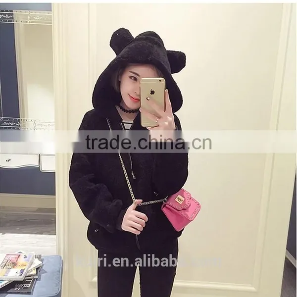 2016 Fashion Lovely Womens Korean Winter Warm Plush Rabbit Ears Hooded Thick Elastic Waist Jacket Ladies Fur Coats photo-3