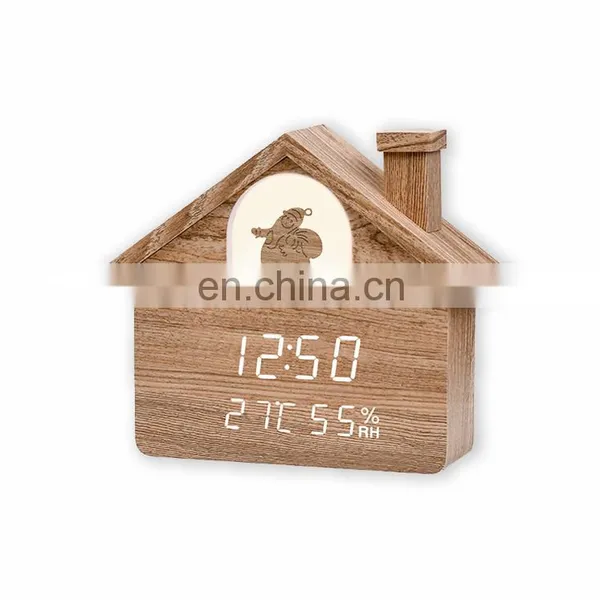 Hot Sale Modern Eco-friendly Creative Mute Home Decoration House Shape Wooden Led Alarm Clock With Light photo-4