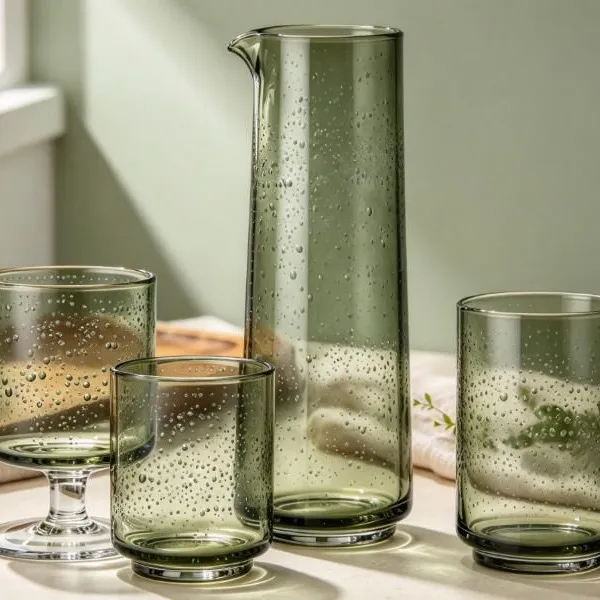 Olive Green Bubble Glass Carafe and Drinking Glass Set | Glasswaretalk