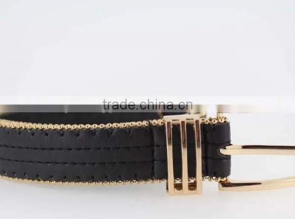 Women's Fashion Gold Metal Studded PU Black Leather Jeans Belt With Double Bean Chian photo-3
