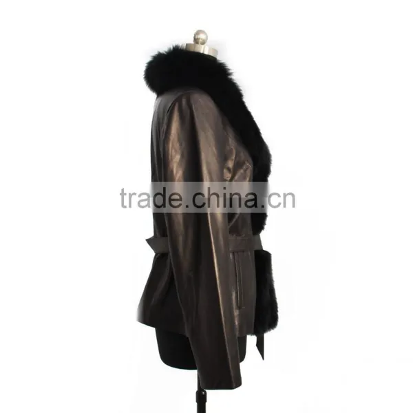 2015 New Fashion Women Leather Coat With Fox Fur Trim Hot Sale photo-3