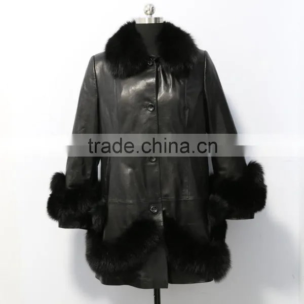 Fashion Design Sheep Leather Coat With Fox Fur Trim / Sheep Leather Jacket