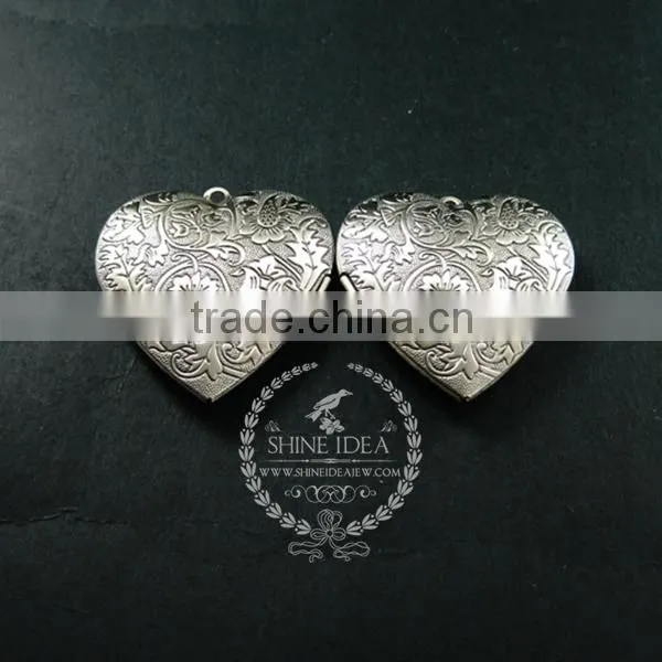 40mm Vintage Style Antiqued Silver Flower Engraved Heart Shape Photo Locket Pendant Charm DIY Supplies 1133006 photo-2