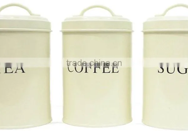 Powder-Coated Retro Metal Tea Coffee Sugar Can Candy Bean Nuts Set of 3 Storage Canister photo-3