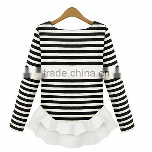 Autumn Latest Design Round Neck Ivory Long Sleeve Chiffon Stitching Knitting Striped Printing t Shirt Design photo-3
