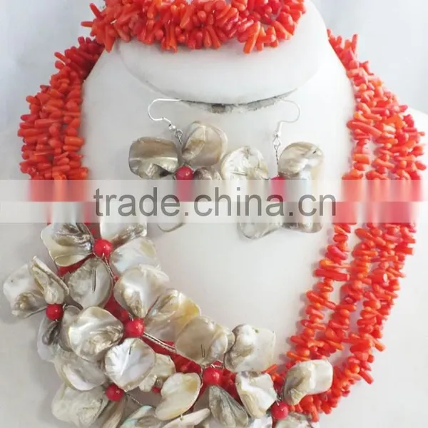 Free Shipping!!! Red Coral and Shell Flower Jewelry Set With Necklace Earrings and Bracelet photo-3