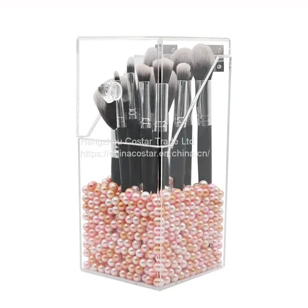 Covered Makeup Brush Holder With Dustproof Lid, Pearls Beads, Large Capacity Acrylic Clear Cosmetic Brush Storage Organizer for Vanity photo-2