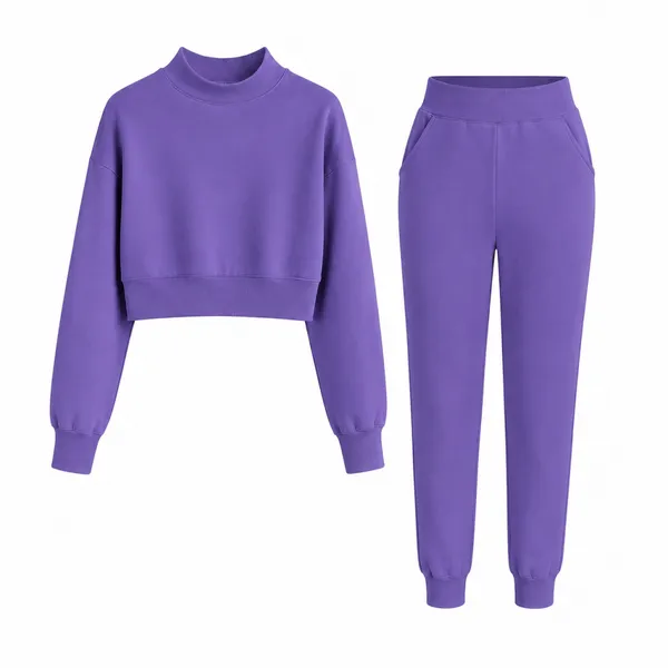 100% Polyester Mock Neck Cropped Top & Jogger Pants Two‑Piece Casual Tracksuit photo-4