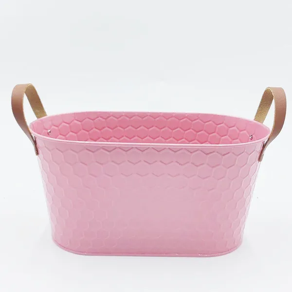Pastel Oval Metal Planter Basket, Honeycomb Embossed Iron Bucket With Handles for Farmhouse Dried Flower Home Decor photo-3