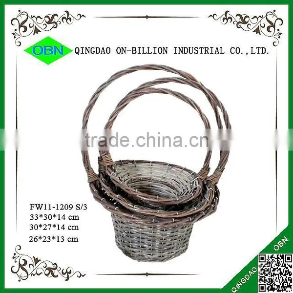 Vintage Wash Grey Wicker Flower Basket With Handle photo-2