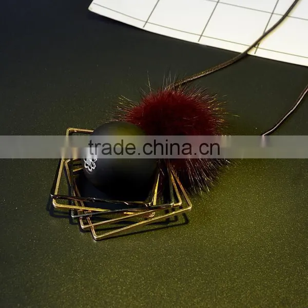 Chunky Ball Metal Square Pendant Necklace Winter Mink Fur Ball Pendant Necklace Geometric Sweater Necklace photo-3
